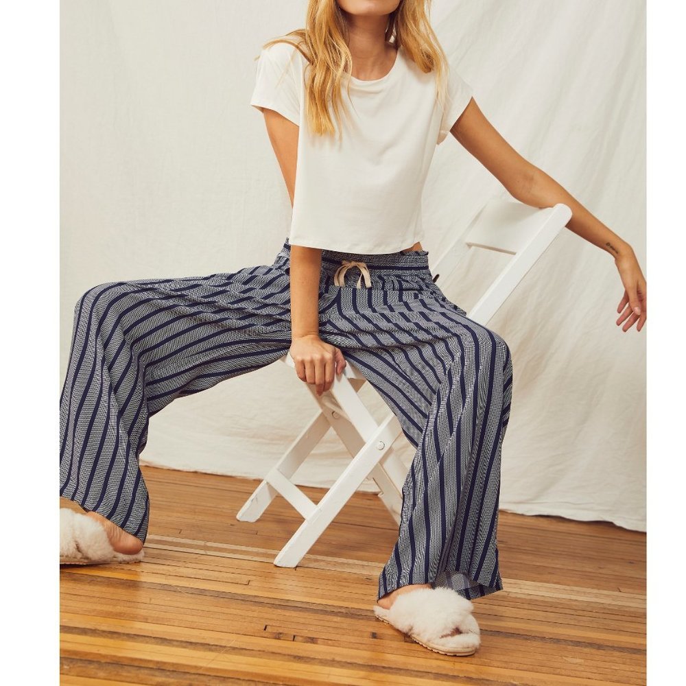 Free People Blue Stripe Lounge Pants with Cream Drawstring - Picture 4 of 8